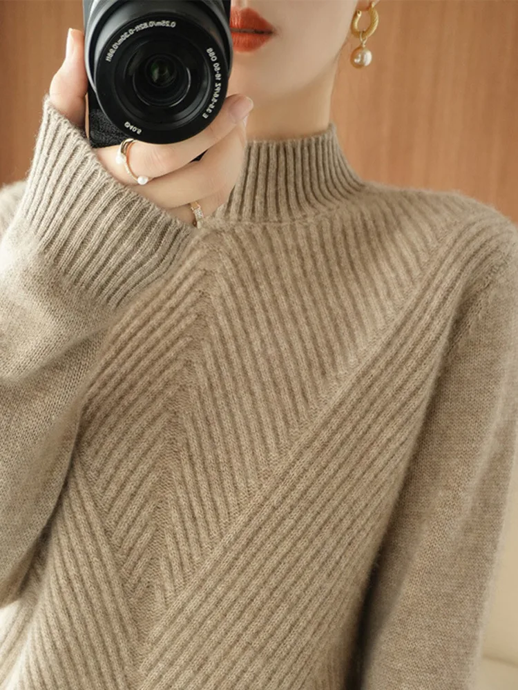 Autumn Women Pullover Sweater Knitting Long Sleeve Soft Fashion Half Height Collar Tops Korean All-match Fashion New 2022