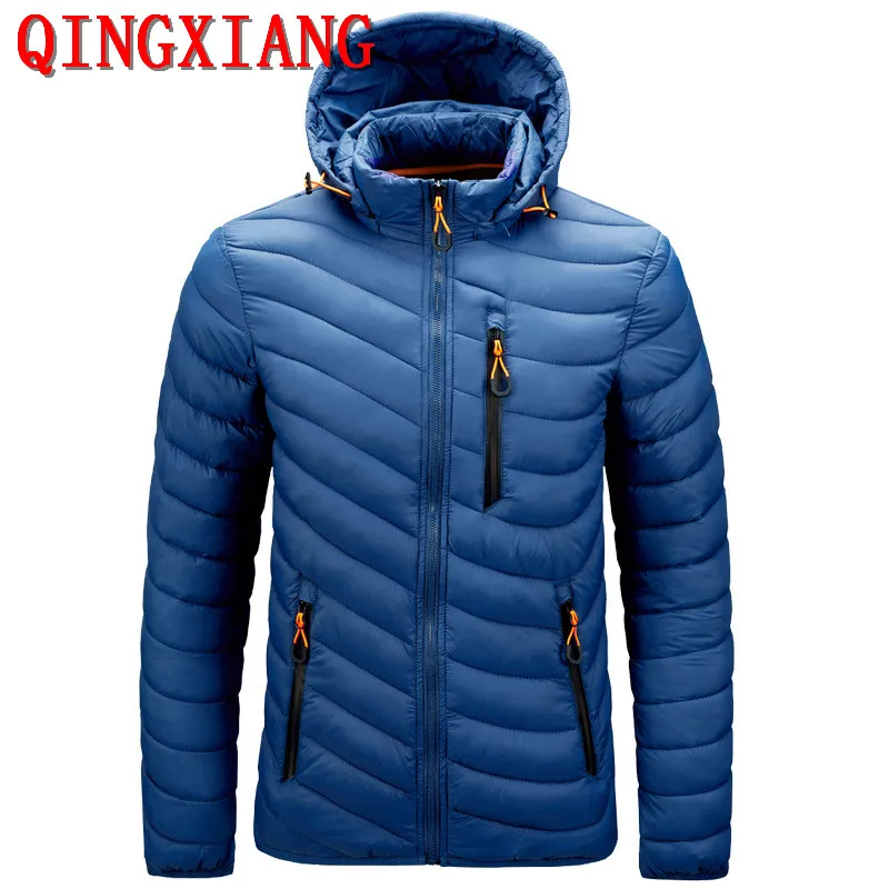 M-6XL Winter Men's Light Thin Slim Padded Clothes With Hat Zipper Pocket Male Wave Striped Cotton Jacket Coat  Removeable Neck