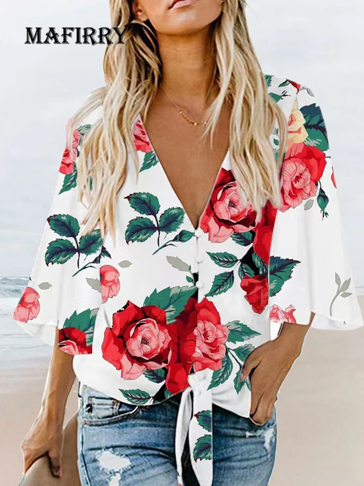 

Women Floral Print Blouse Elegant Half Sleeve Casual Chic Shirts 2022 Summer Loungewear Top Straight Lace-Up Streetwear Blusas