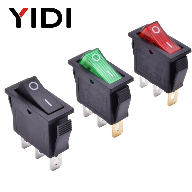 10pcs/lot 15A/250VAC KCD3 Rocker Switch ON OFF/ON-ON/ON-OFF-ON SPST Red Green Blue Yellow Light Black Rorcker Toggle - купить по