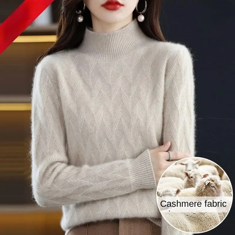 

Autumn Winter Thicken Sweaters Women Cashmere Mock Neck Bottomed Tops Solid Color Casual Slim Warm Long Sleeve Soft Pullover