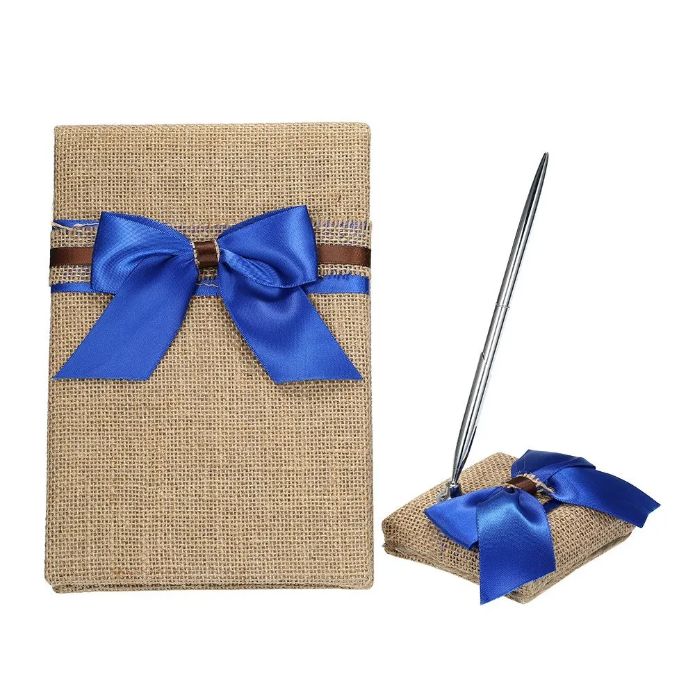 

Wedding Guest Book and Pen Set Holder Burlap Decoration Rustic Elegant Wedding Ceremony Blue