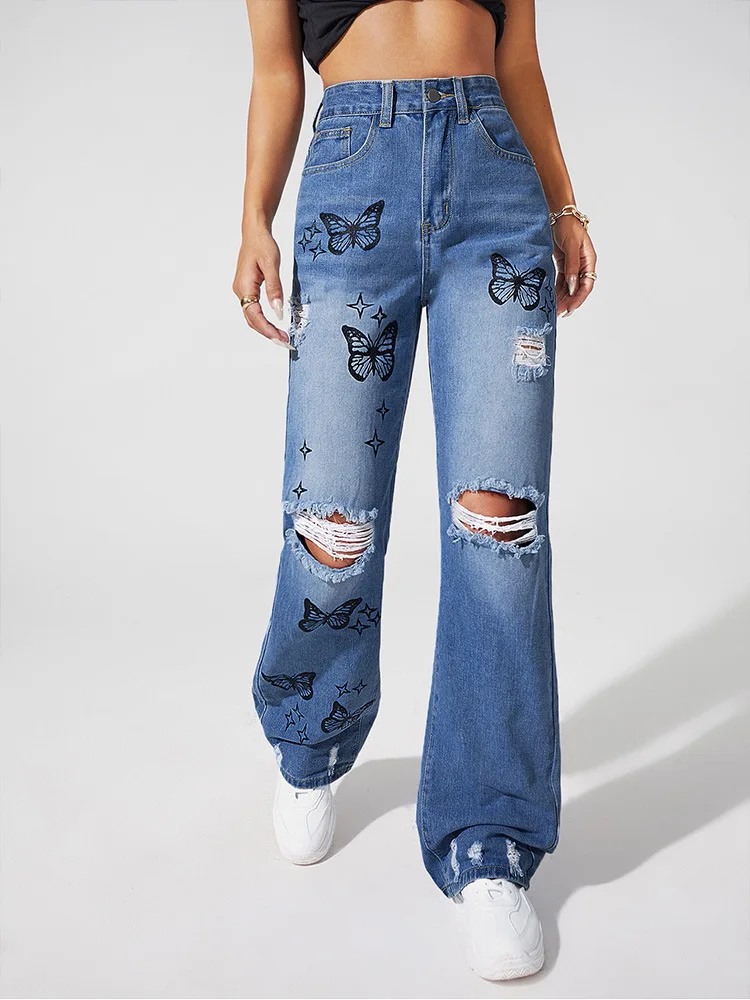 Ripped Jeans Women Straight Leg Mom Jeans High Waist Loose Fit Pants Denim Butterfly Print Cotton Trousers Streetwear 2022 New