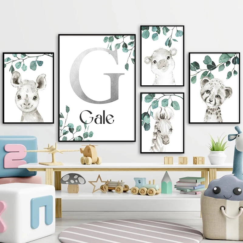 

Искусство на стену Персонализированная с именем ребенка плакат для детской Tu животное холст картина принт зебра жираф декоративная детска...