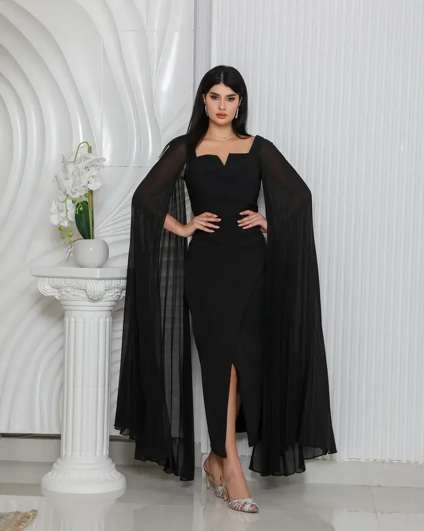 

Платье для выпускного вечера из Саудовской Аравии, черные вечерние платья-русалки с длинным рукавом до щиколотки, плиссированные вечерние платья с разрезом