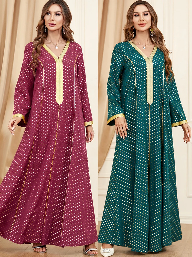 

Eid Muslim Women Abaya Loose Dress Prayer Morocco Party Maxi Long Dresses Elegant Polka Dots Robe Ramadan Musulman Vestidos 2023