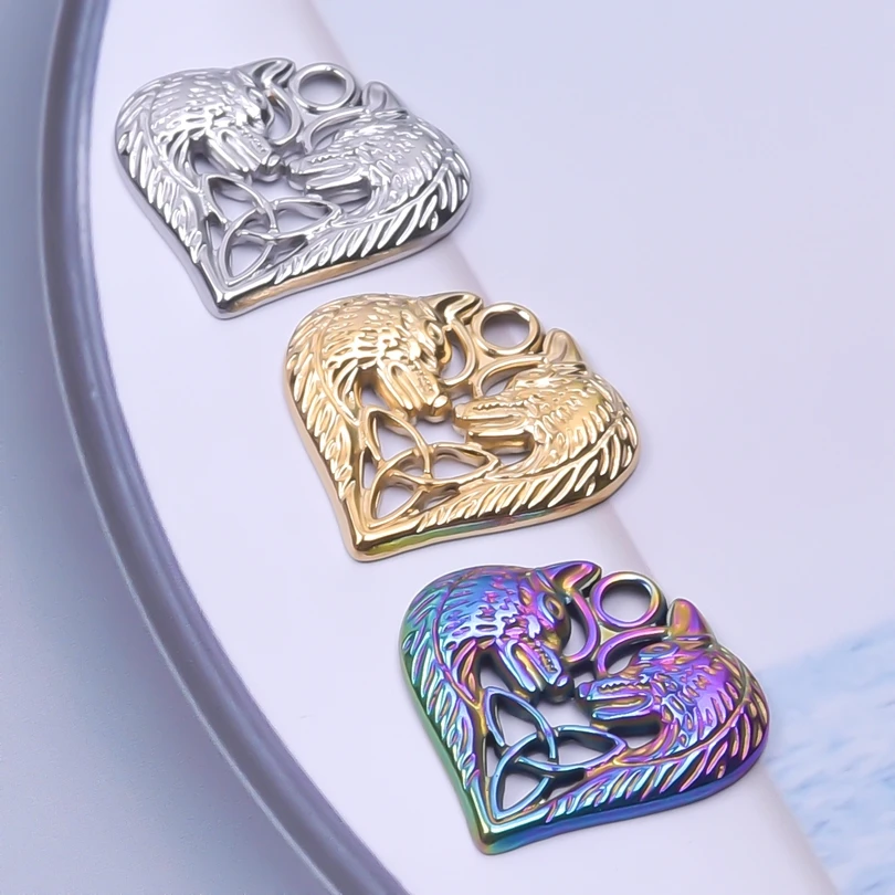 

3pcs/Lot Heart Double Wolf Charm Pendant Jewelry Making Supplies Witch Knot Stainless Steel Charm Bulk DIY Women/Men Accessories