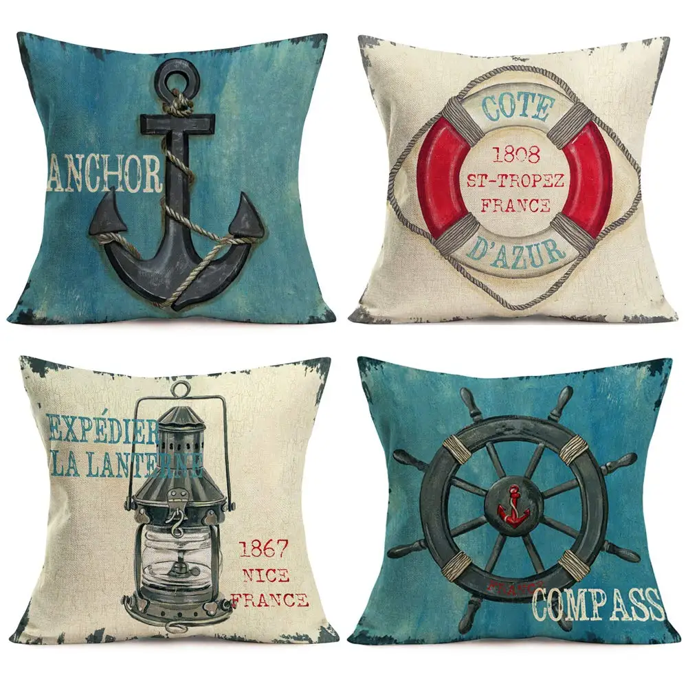 

Anchor, oil lamp, rudder, swimming ring printed linen pillowcase, living room sofa cushion cover, home decoration pillow cover