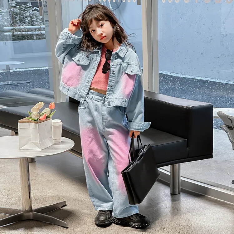 Джинсовый костюм для девочек-подростков корейский Костюм контрастной расцветки