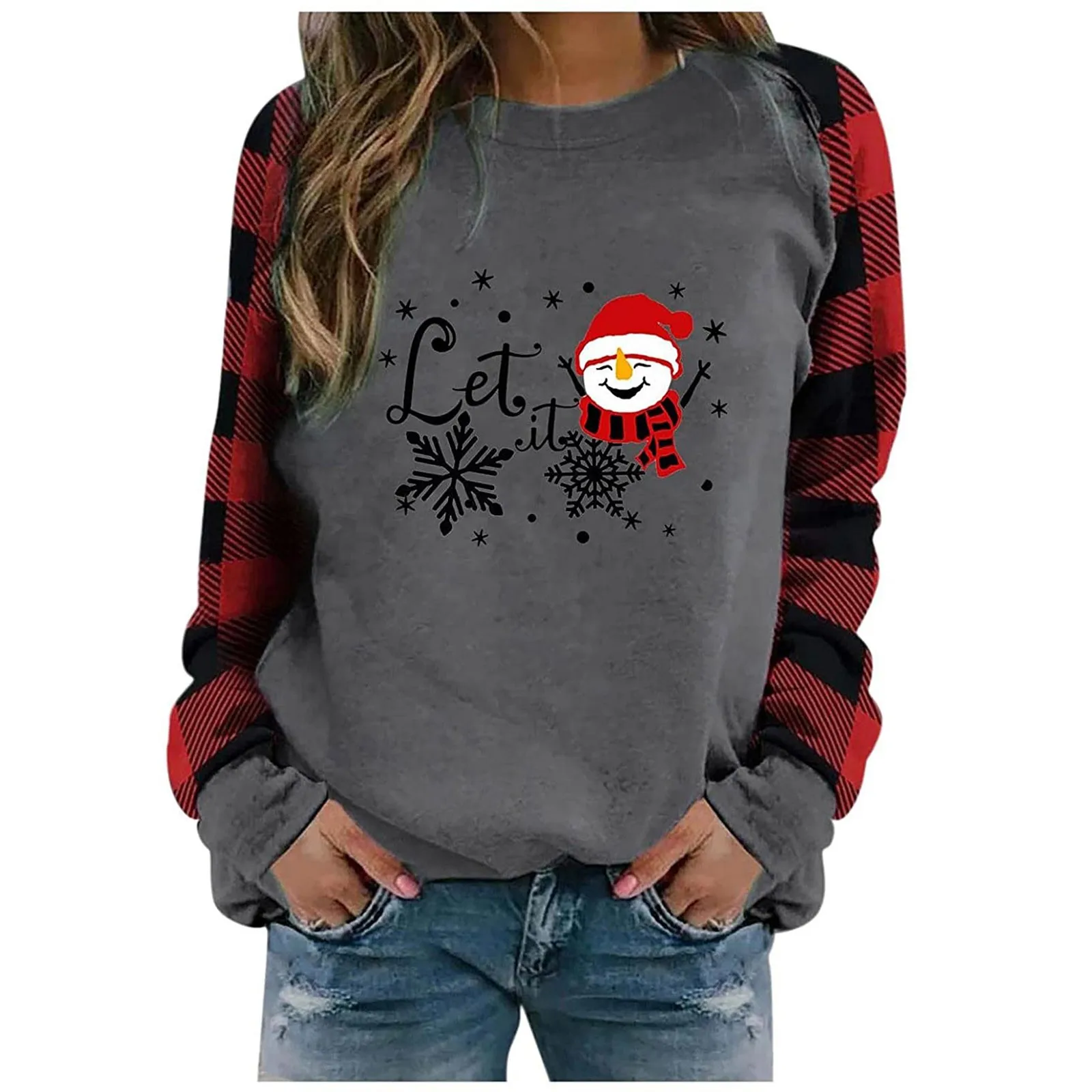 

Women'S Fashion Plaid Patchwork Christmas Print Round Neck Long Sleeve T-Shirt Top Printing Women Streetwears Casual Hip Hop