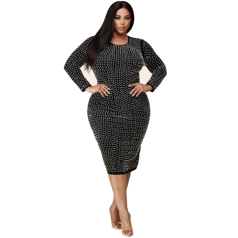 

Midi Dress Fashion Beaded O Neck Long Sleeve Elegant Streetwear Leisure Mid Waist Plus Size Dress XL-5XL Wholesale Dropshipping