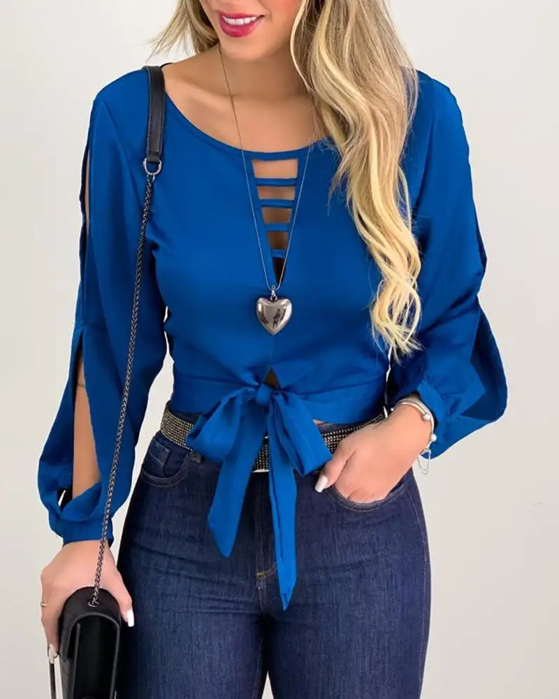 2020 Women Fashion Elegant Casual Hollow Out Long Sleeve Blouse Shirt Woman Solid Bow Design Tie Front Cut Out Top