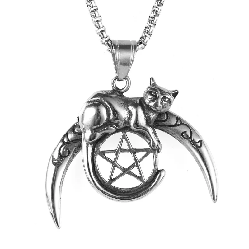 

Hip Hop Punk Stainless Steel Retro Star Moon Cat Pendant Men's Animal Sweater Chain Transfer Amulet High End Jewelry Necklaces