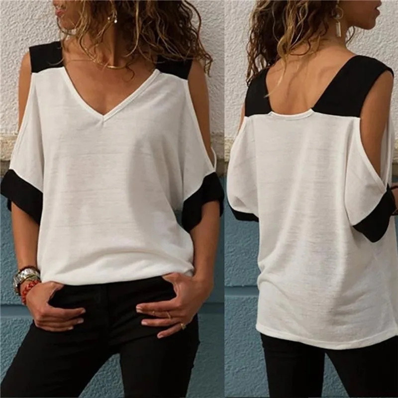 Women's Patchwork Cold Shoulder Off T-shirt Crop Top V-Neck Half Sleeve Female Tee Shirt Casual Tops Women 2022 Plus Size images - 6