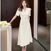 summer dress for women 2022 short sleeve ruffle v neck lace up office lady elegant midi dress off white vestidos korean fashion