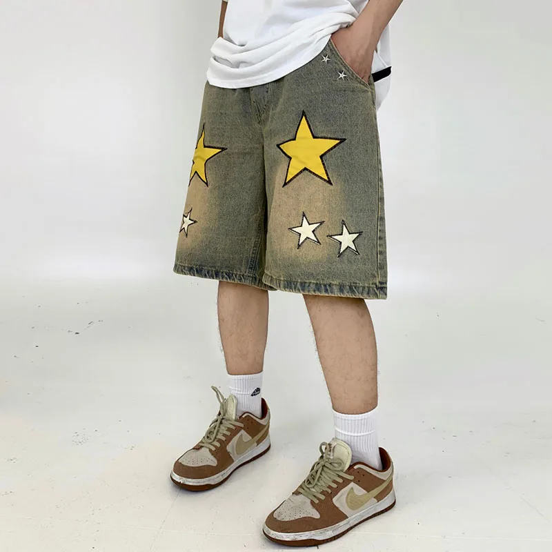 

PU Leather Stars Embroidery Washed Retro Jeans for Men Elastic Wasit Wide Leg Oversized Casual Denim Shorts Streetwear