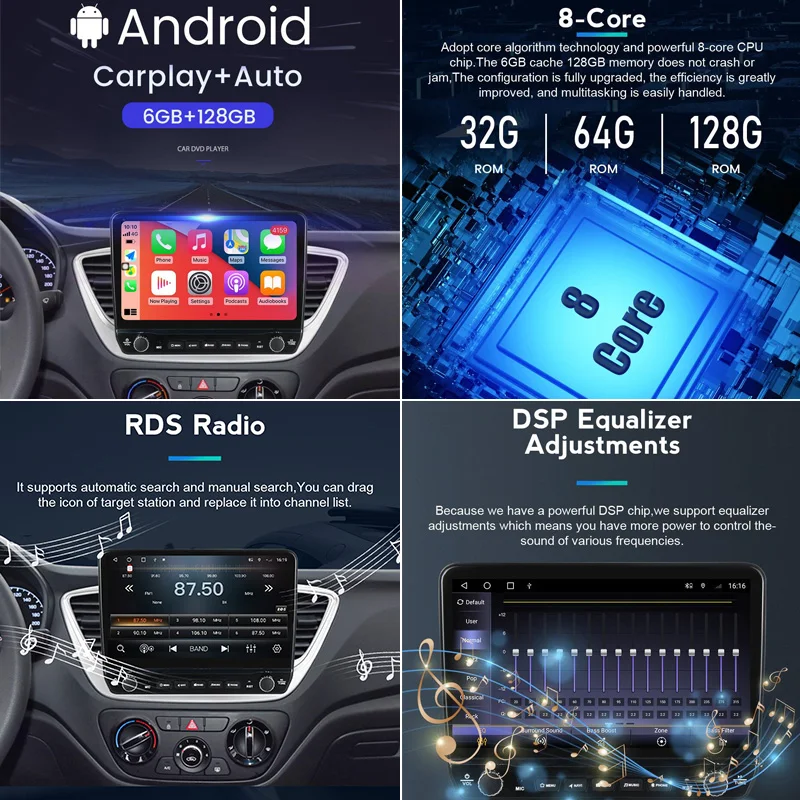 Автомобильная магнитола 8 ГБ + 128 Android 11 мультимедийный аудио плеер GPS-навигация