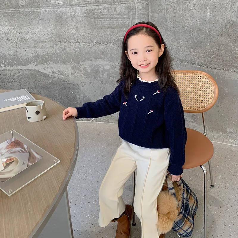 

Children's sweater 2022 autumn and winter new style children's fashionable lace knitted sweater small flower Korean top 11-21