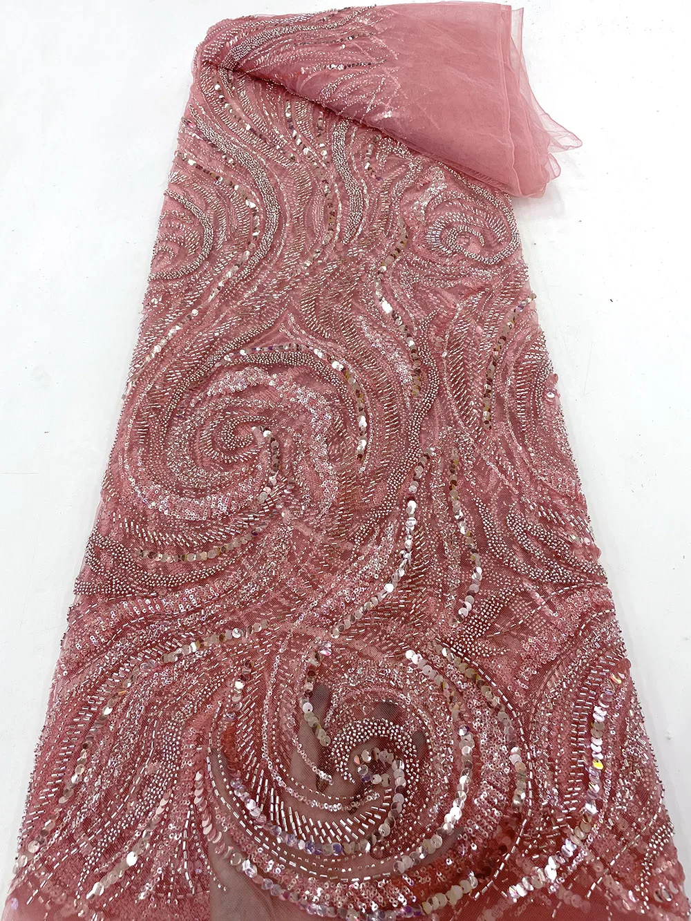 

Luxury Nigerian Handmade Beaded Organza Fabric High Quality Sequins Embroidery African French Net Lace Fabric For Party Dress