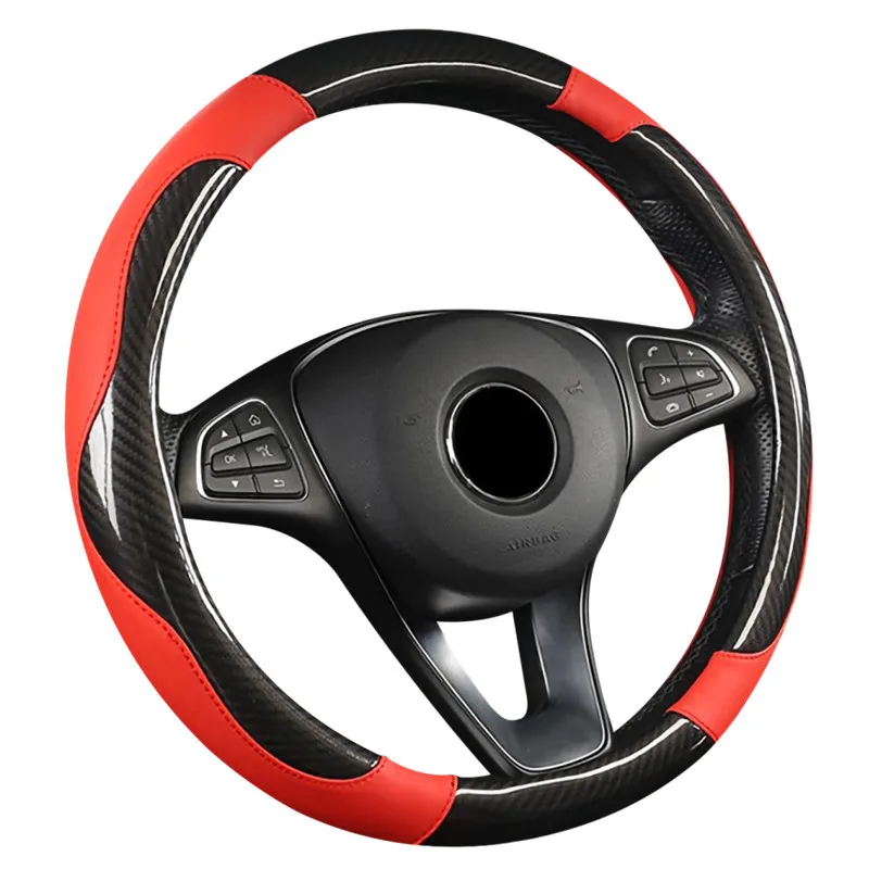 

Universal 38cm Steering Wheel Cover Bright Carbon Fiber Pattern Microfiber Leather Breathable Anti-Slip Car Accessories