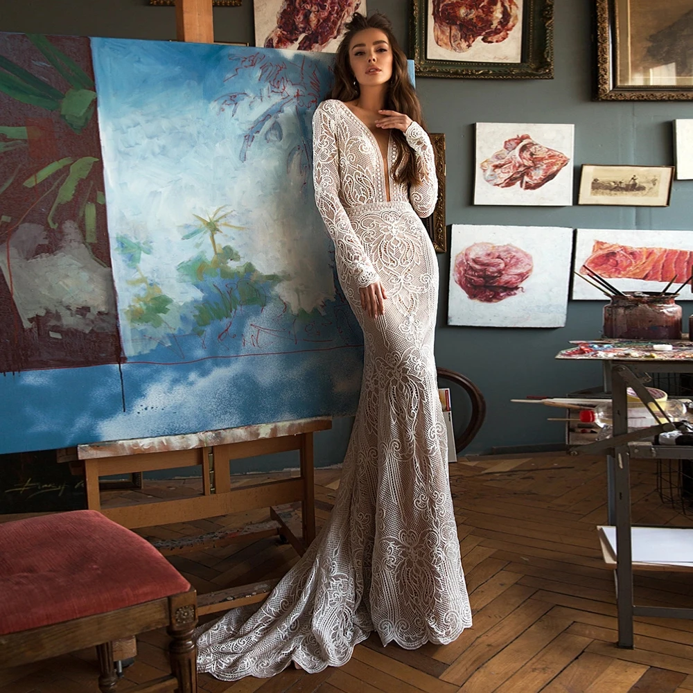 

V Neck Lace Court Train Wedding Dresses 2022 Floor Length New Gorgeous Women's Dress Open Back Bridal Gowns Robe De Soirée Femme