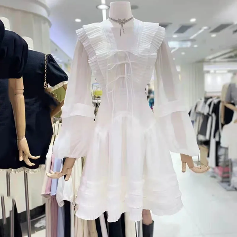 

SeeBeautiful Pleated Ruffles Stitching A-line Dress Sexy Exposed Back Bandage V-necl Puff Sleeve Summer 2022 New Fashion Q266