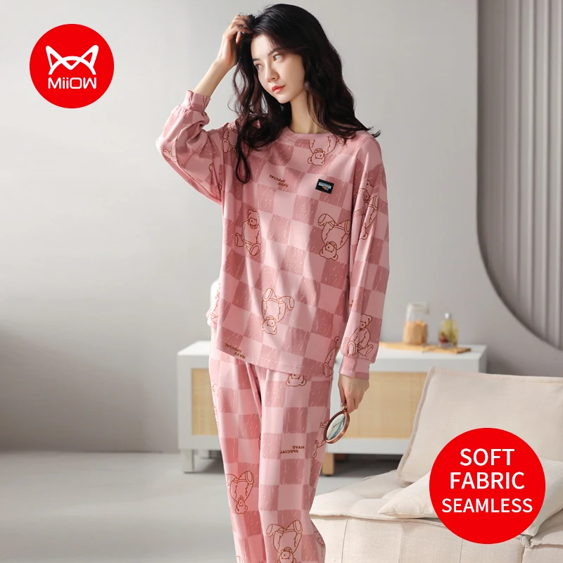 

MiiOW Cartoon Bear Pajamas Set Pink Plaid Sleepwear Cotton Long-sleeved Trousers Autumn And Winter Loungewear Women's Homewear