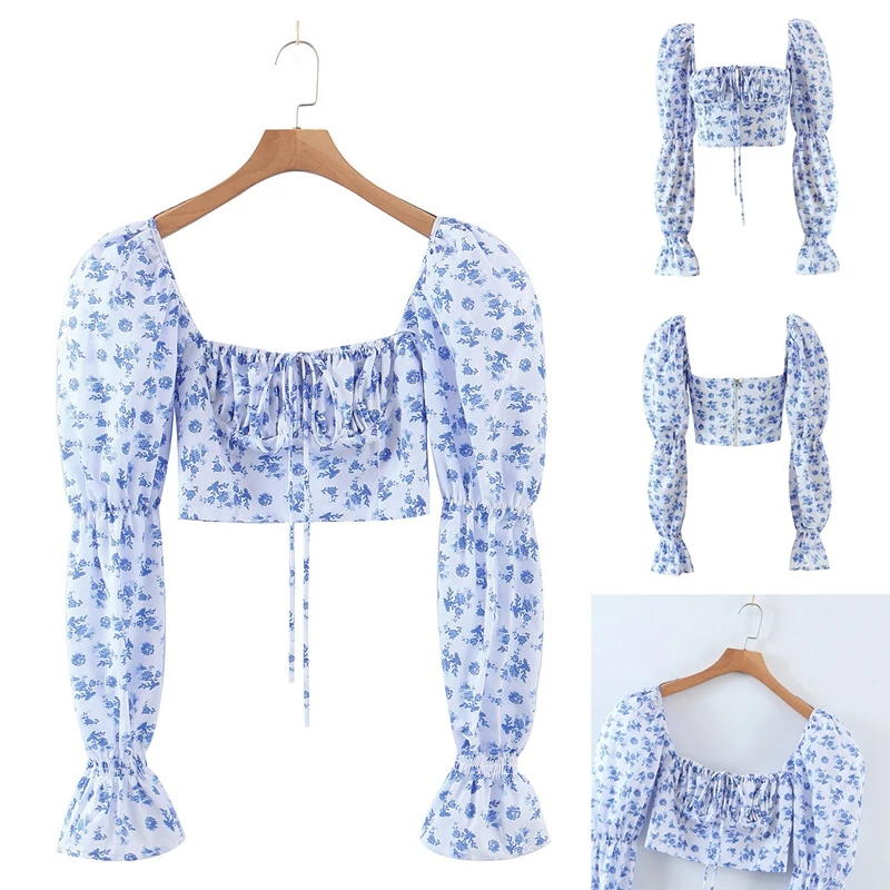 

Блузка с цветочным принтом на завязках спереди, элегантная винтажная пикантная рубашка с квадратным воротником и пышными рукавами, топы