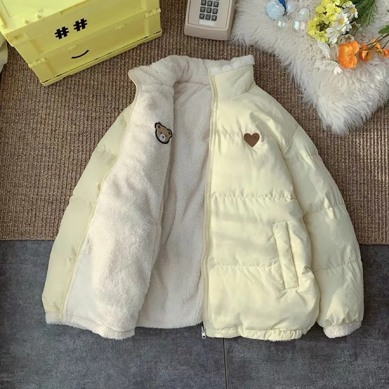 2022 Cute Embroidery Women Parkas Coat Winter Thick Hairy Korean Loose Warm Jacket Double Sided Design Pink Student Clothes