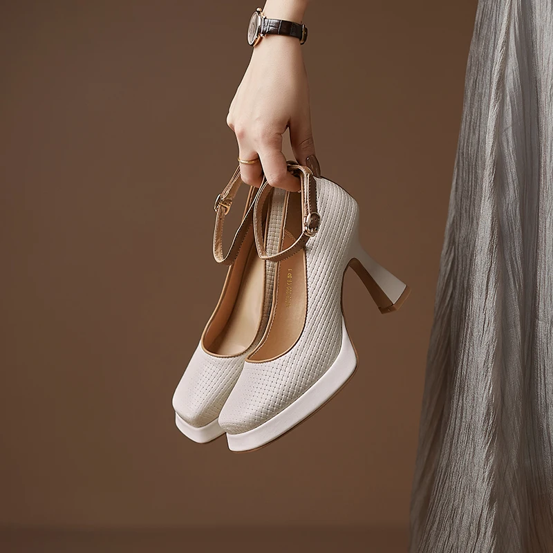 

2023 new spring women pumps natural leather 22-24.5cm length cowhide+pigskin buckle Mary Jane shoes high heel Ankle strap shoes