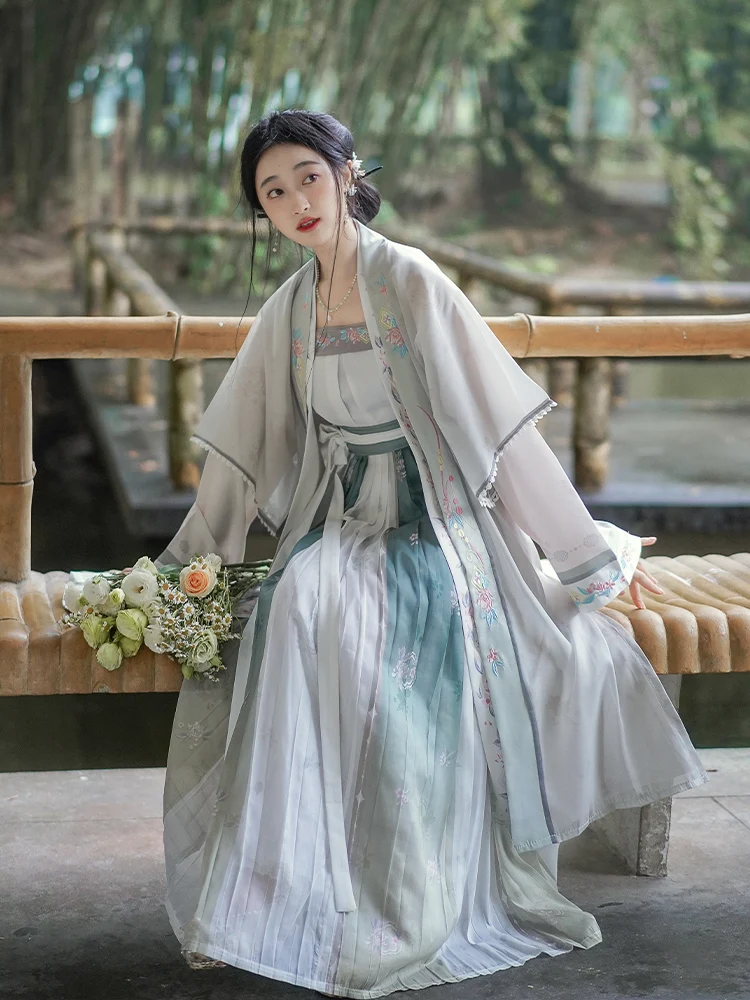 

Мягкая и простая Женская юбка Hanfu из четырех частей с вышивкой в стиле династии Song, плиссированная юбка на подтяжках Hanfu