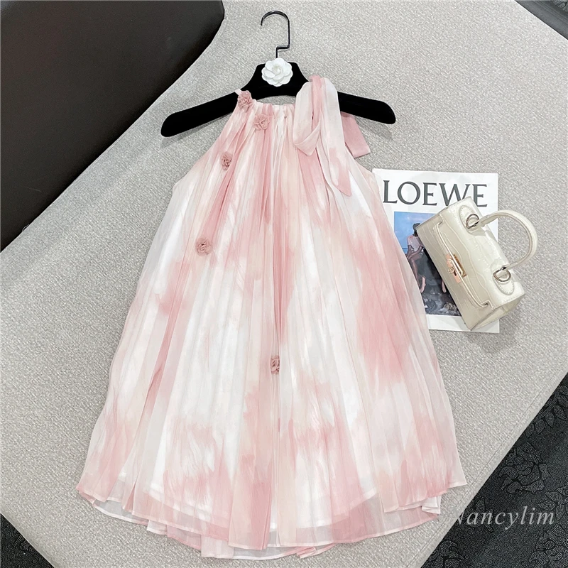

2022 Summer Lace-up Bow Halter Pleated Printed Dress for Women New Three-Dimensional Flower Vacation Dresses Ladies