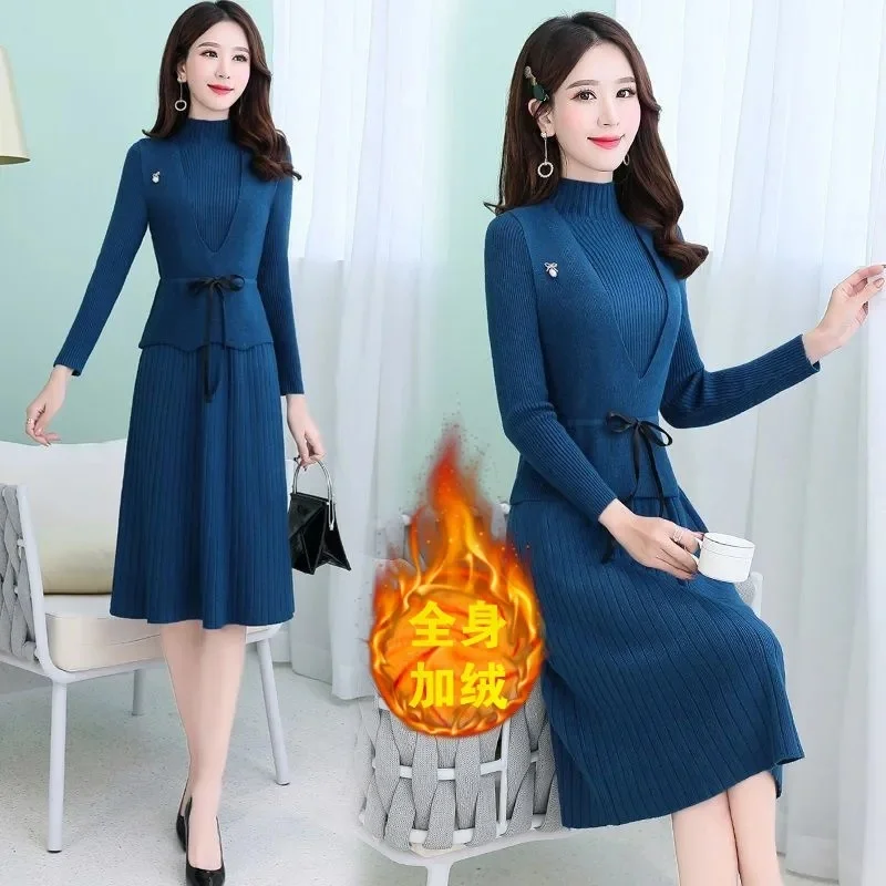 

Женское длинное платье-свитер, теплый вязаный пуловер и жилет, комплект из двух предметов, весна-зима 2022