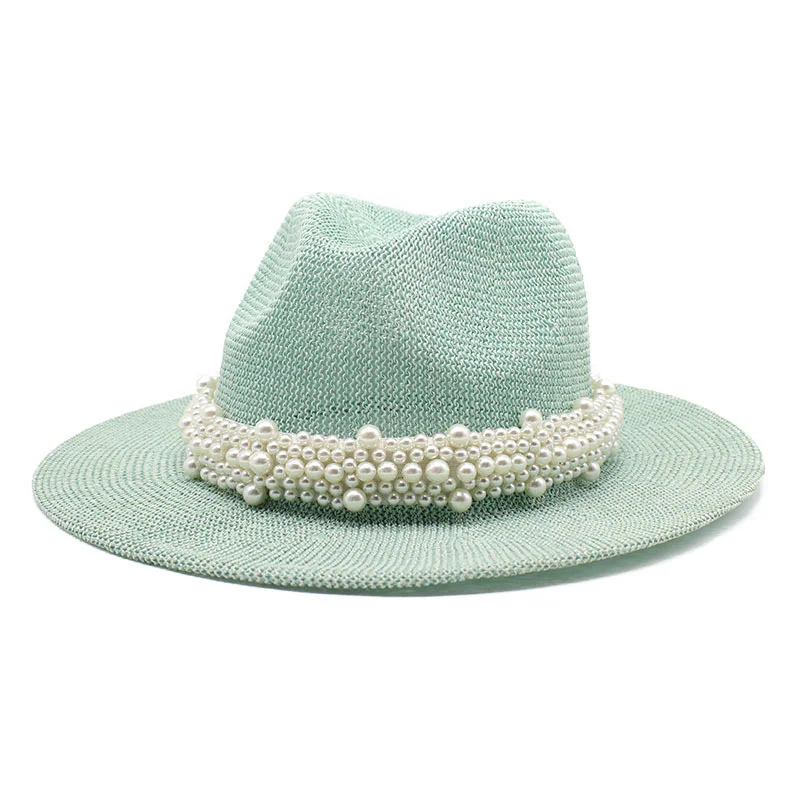 

Spring and summer new women's summer Korean version big Pearl knitted hat foldable beach sun hat ring yarn straw hat