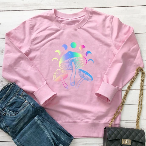 Женский свитшот с длинным рукавом, винтажный джемпер с изображением грибов и Луны, пуловер в стиле nature