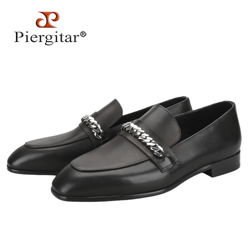 

Piergitar Black Genuine Leather Men's Loafers With Silver Stainless Steel Buckles Handmade Red Color Outsole Classic Moccasin