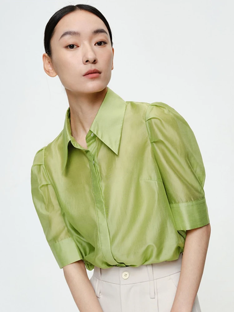 

Summer Feminine New High Quality Rayon Turn-down Collar Shirts Puff Sleeve Smooth Temperament Office Lady Solid Color Blouses