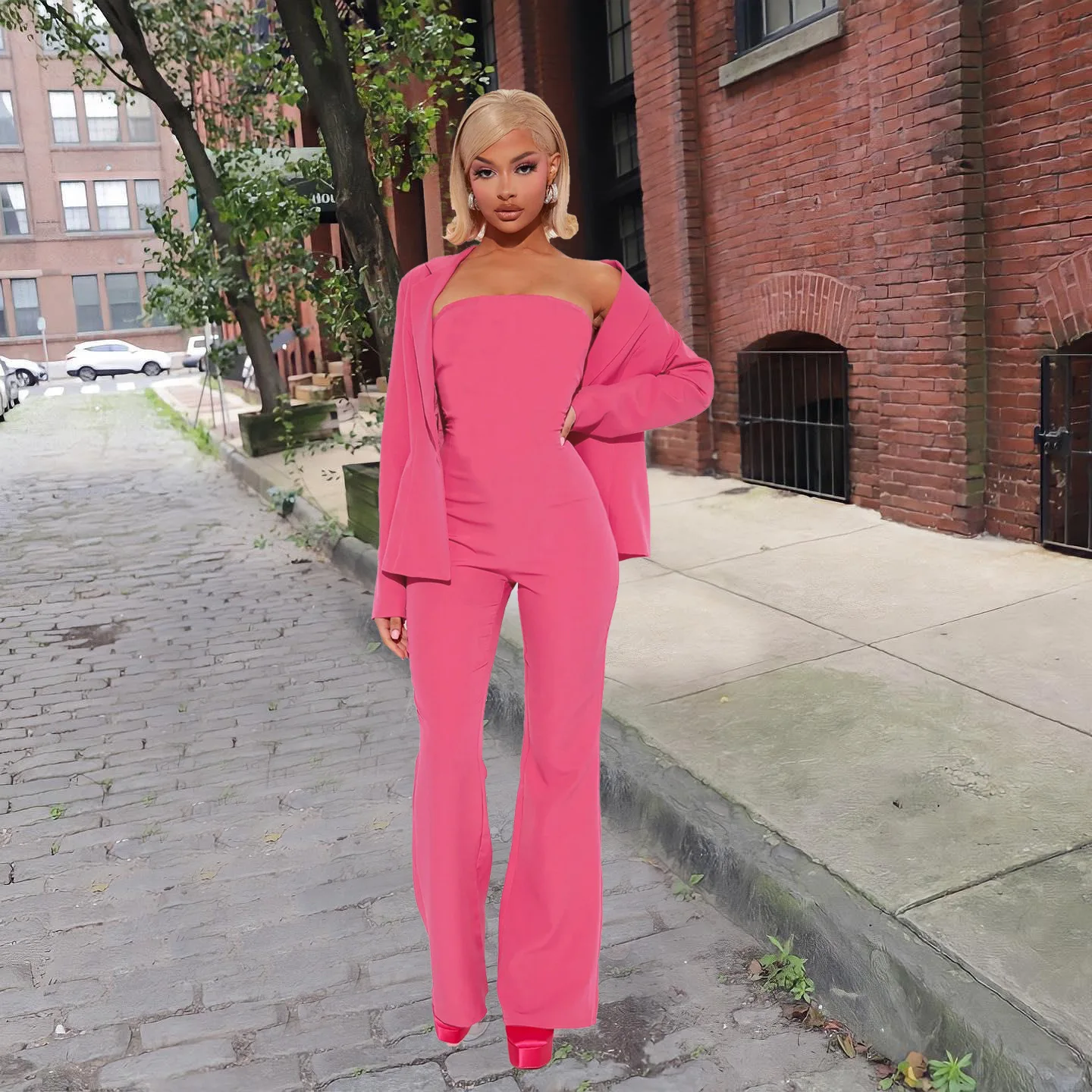 

Elegant Women Two Piece Set Long Sleeve Blazer Coat Top Wrapped Chest Jumpsuit Fashion Autumn Sexy Suit