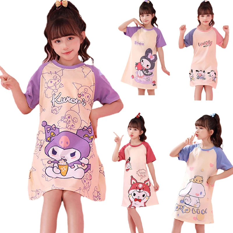 

Sanrios Anime Kawaii Cinnamoroll Pochacco Kuromi Kids Nightdress Cute Girl Summer New Cartoon Short Sleeve Nightdress Casual