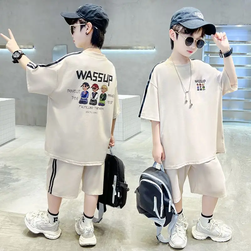 

Детский хлопковый комплект из 2 предметов, повседневная спортивная одежда с коротким рукавом и штаны для мальчиков 5, 6, 8, 10, 12, 14 лет, лето 2023