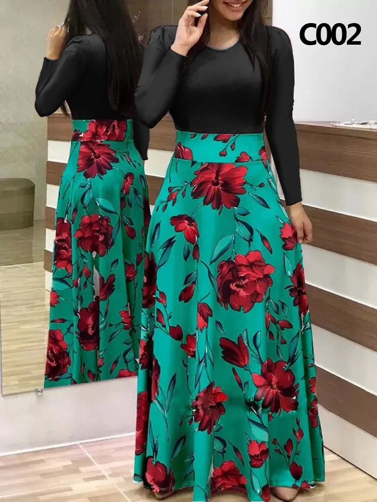 

Sexy Party Dresses With Long Sleeves New 2023 Autumn Floral Print Color Blocking Womens Casual Round Neck Maxi Dress Robe Longue