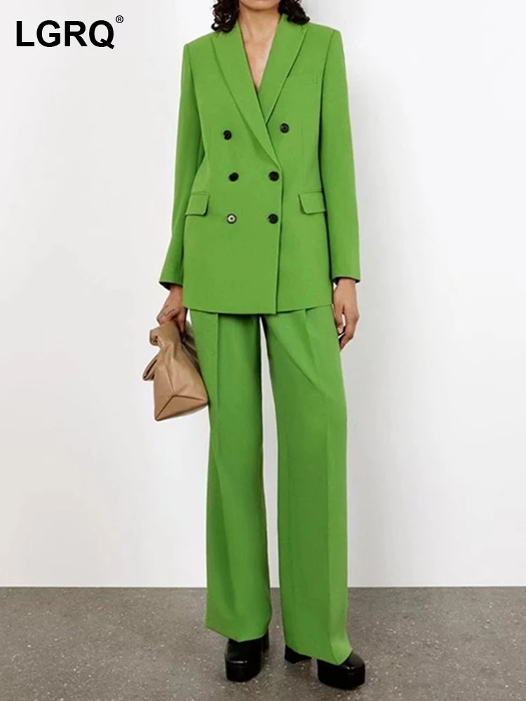 

LGRQ 2023 Spring New Fashion Women's Solid Double Breasted Long Sleeve Blazer High Waist Straight Pant Sets Female Tide 19J3113