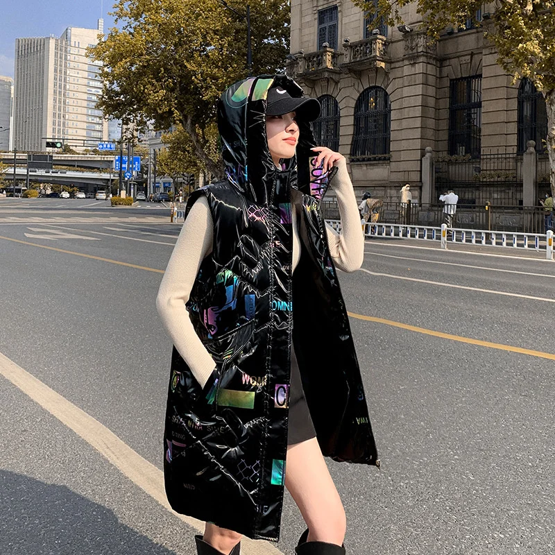 

Glossy Cotton Vs Womens Autumn Winter Down Cotton Waistcoat Female Long Puffer Parkas Hooded Sleeveless Padded Vs