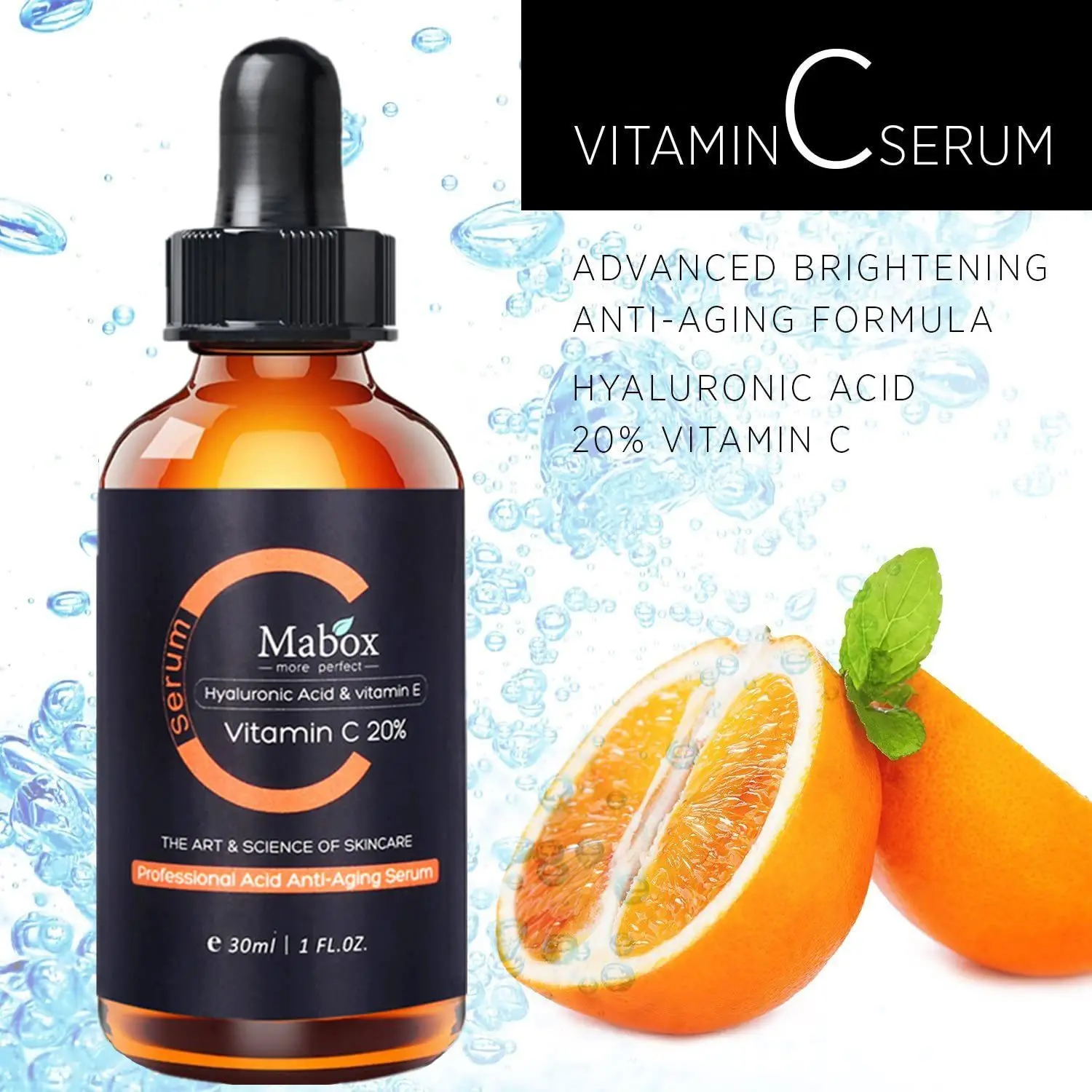 MABOX 30ml Vitamin Whitening C Serum For Face 20% Organic Vit C + E + Hyaluronic Acid For Face Eye Treatment Restore Skin