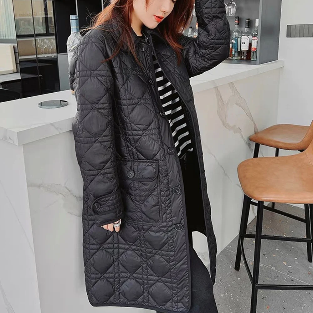

2023 Autumn/Winter Women Long Cotton Coat Diamond Checkered H-Shape Mid Length Botton-Up Quilted Pockets Lady Jacket Khaki/Black