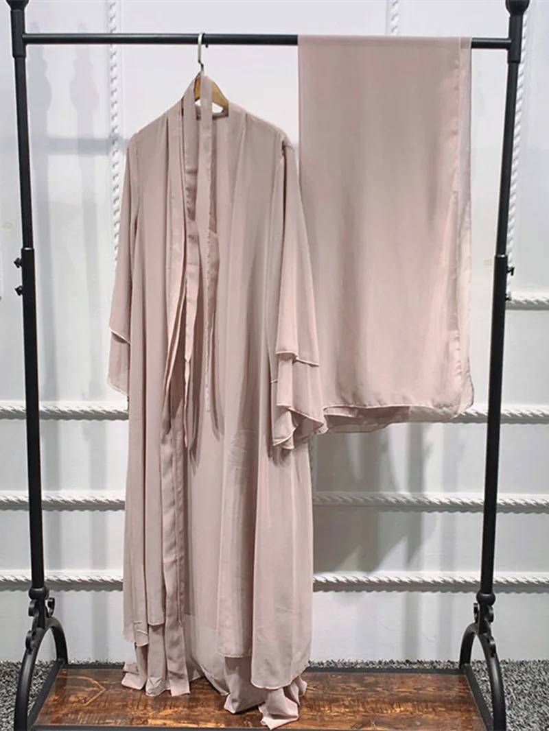 Chiffon Casual Solid Color Open Abaya for Women Muslim Loose Ethnic Style Long Robes with Belt Elegant Eid Dress Islami Clothing