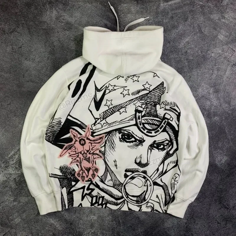 Фото Мужской комплект Y2K Streetwear: худи с аниме-принтом и готические винтажные джинсы-багги на молнии в стиле Харадзюку №5