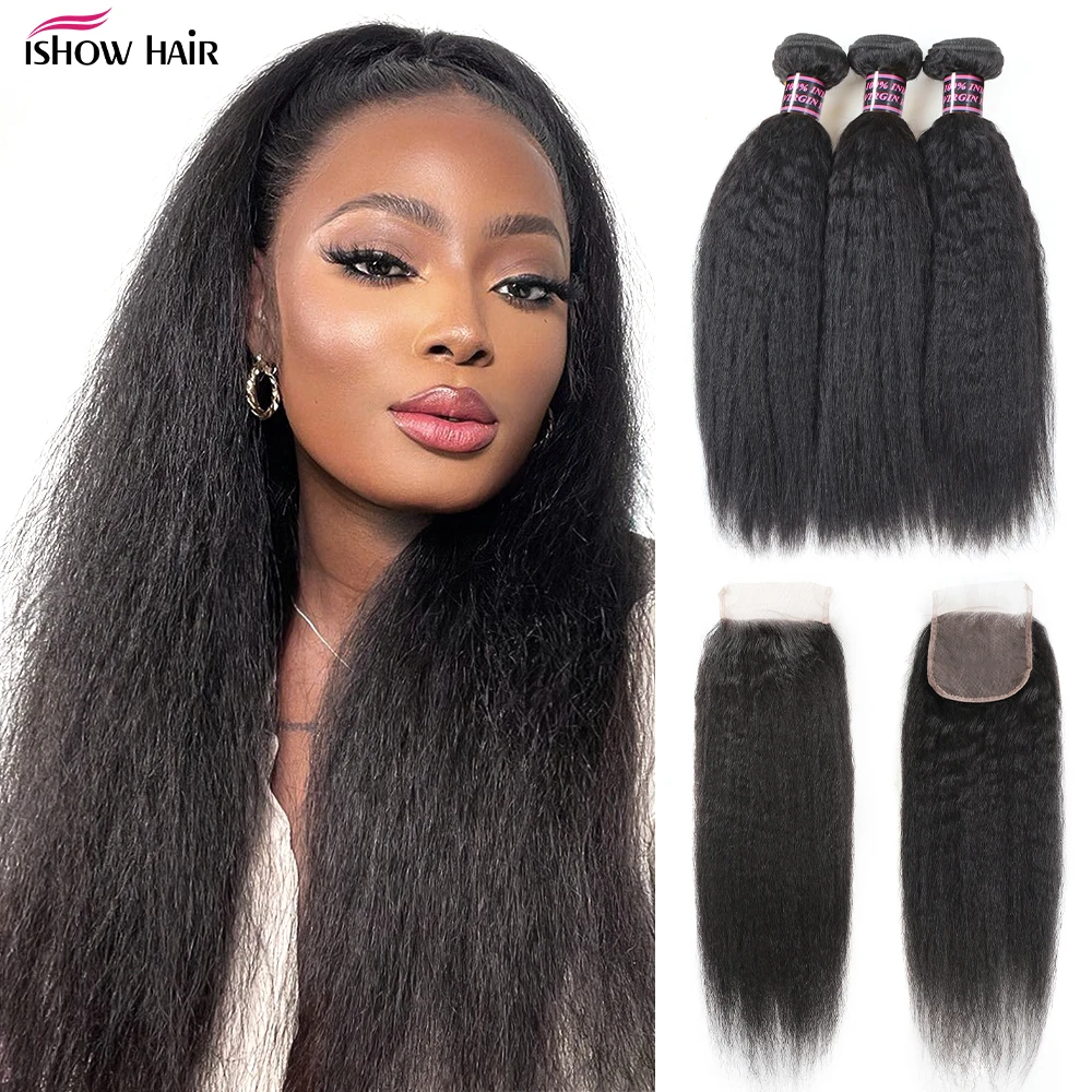 

Ishow Kinky Straight Bundles With Closure Brazilian Kinky Curly Weave With Closure Human Yaki Straight Hair Bundles For Women