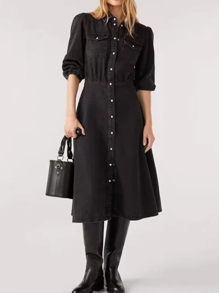 

Женское однобортное джинсовое платье-трапеция, черное платье средней длины с отложным воротником, Осень-зима 2023