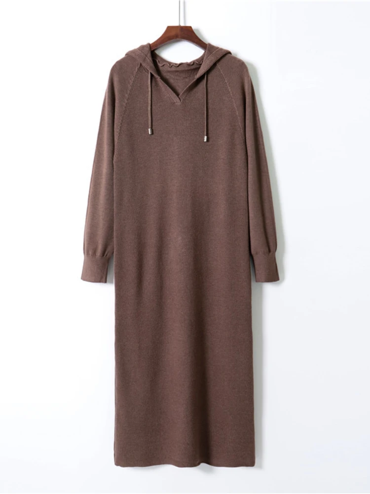 

Long-sleeved Dress Autumn Winter Hooded collar LOOSE Sweater Women's Long Over-the-knee Knitted Dress Elegant Women's Sweater